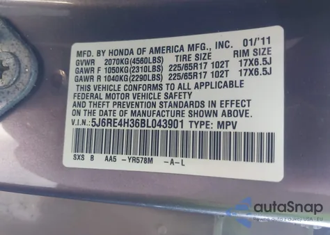 2011 Honda Cr-V Lx z USA, uszkodzony, nr VIN 5J6RE4H36BL043901